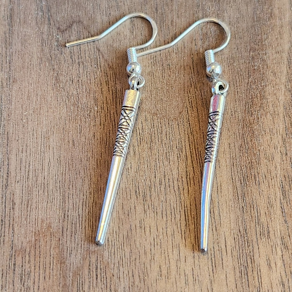 Silver Etched Tapered Spike Drop Earrings Tribal Boho Geometric Dangle 2.0"
